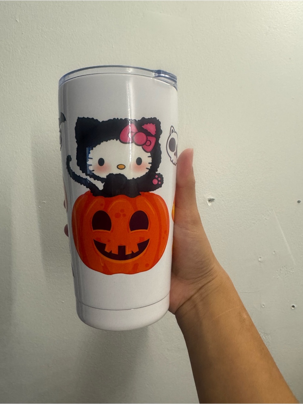 White Halloween Cat & Pumpkin Insulated Travel Tumbler